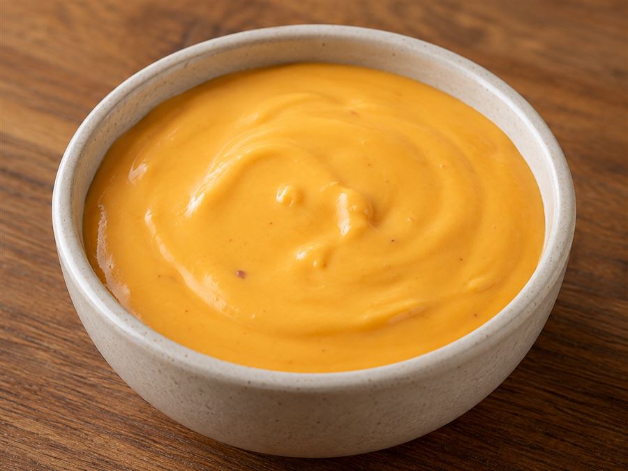 Cup of warm golden cheese dip